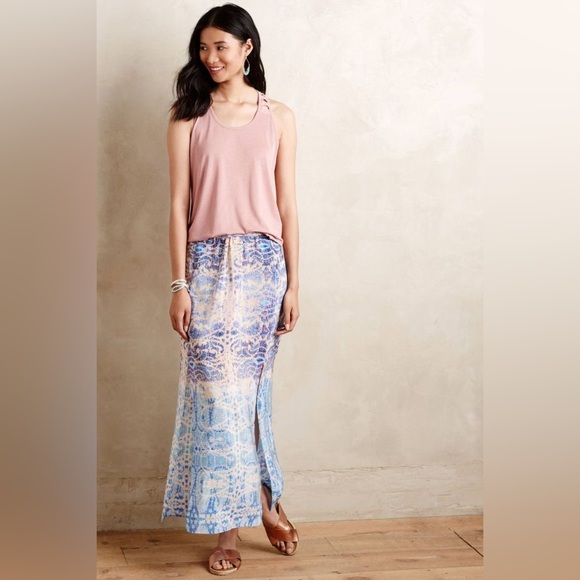 Maeve by Anthropologie 100% Silk Maxi Skirt‎ Watercolor Boho Purple Blue Large - Picture 2 of 9